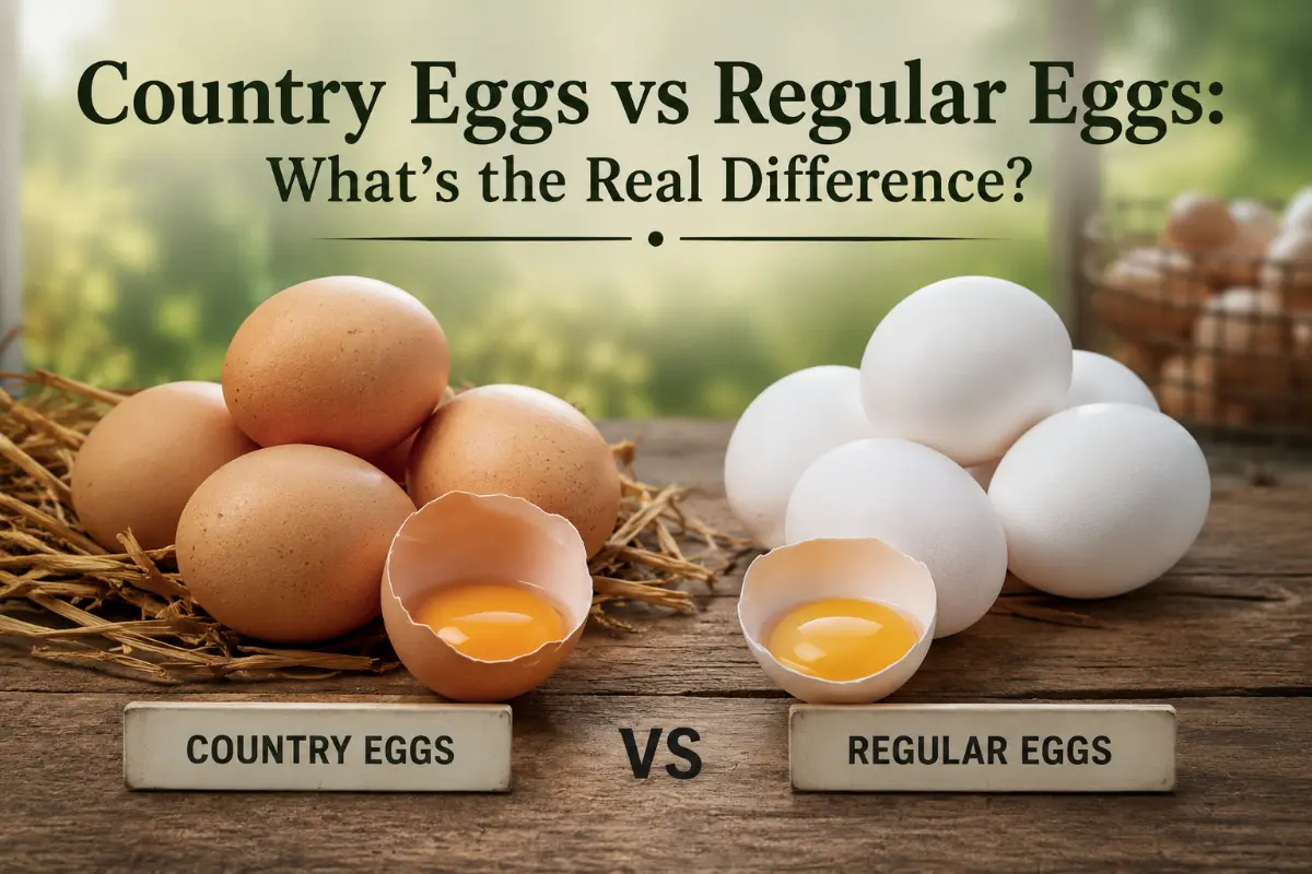 Country eggs beside regular white eggs on a wooden table