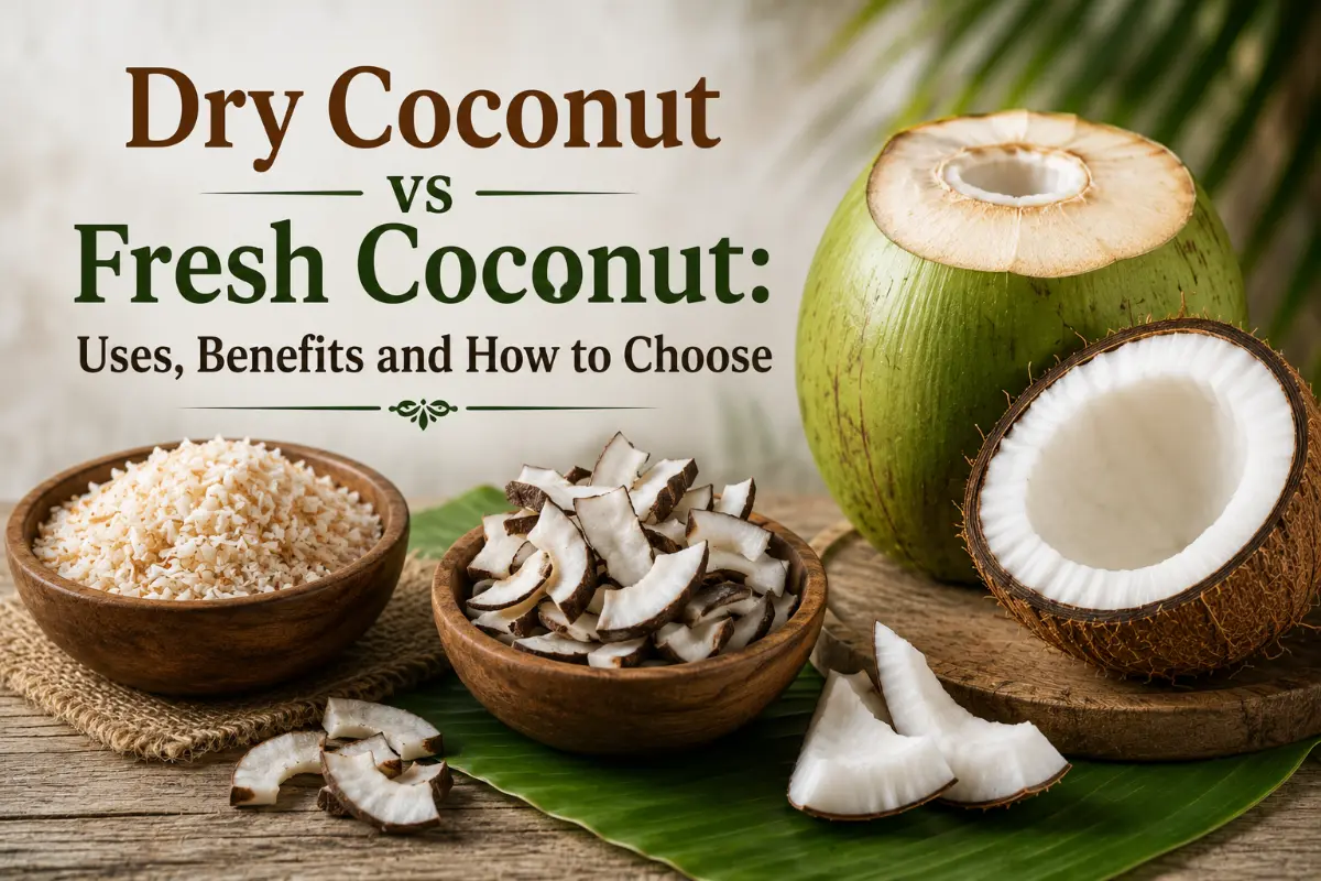 Dry copra, grated coconut and a fresh green coconut side by side