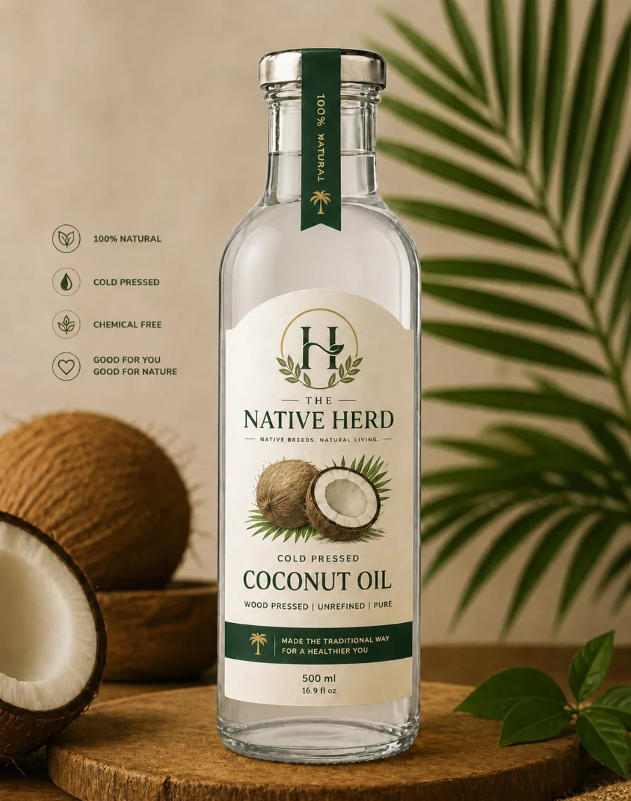Cold-pressed coconut oil bottle by The Native Herd, made from 100% dry coconut